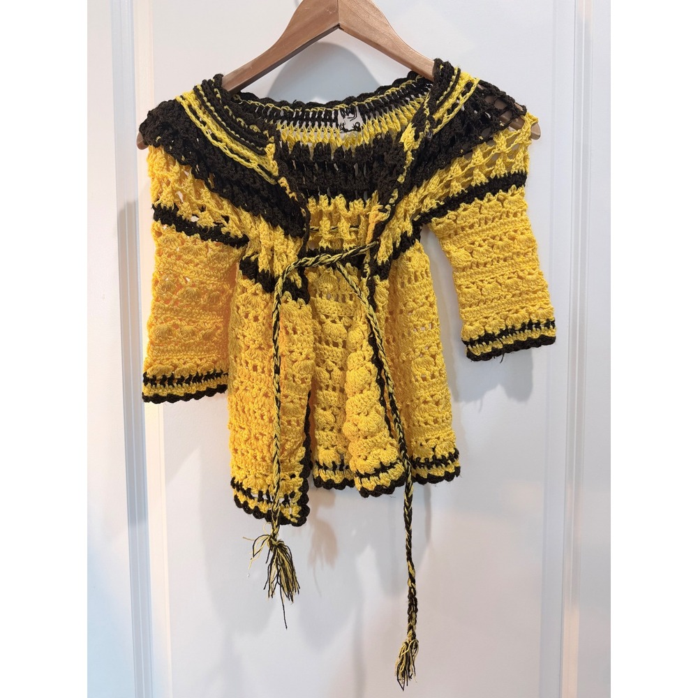 Vintage Handmade Crochet Cardigan Yellow Brown Striped Boho Wrap Tie Top